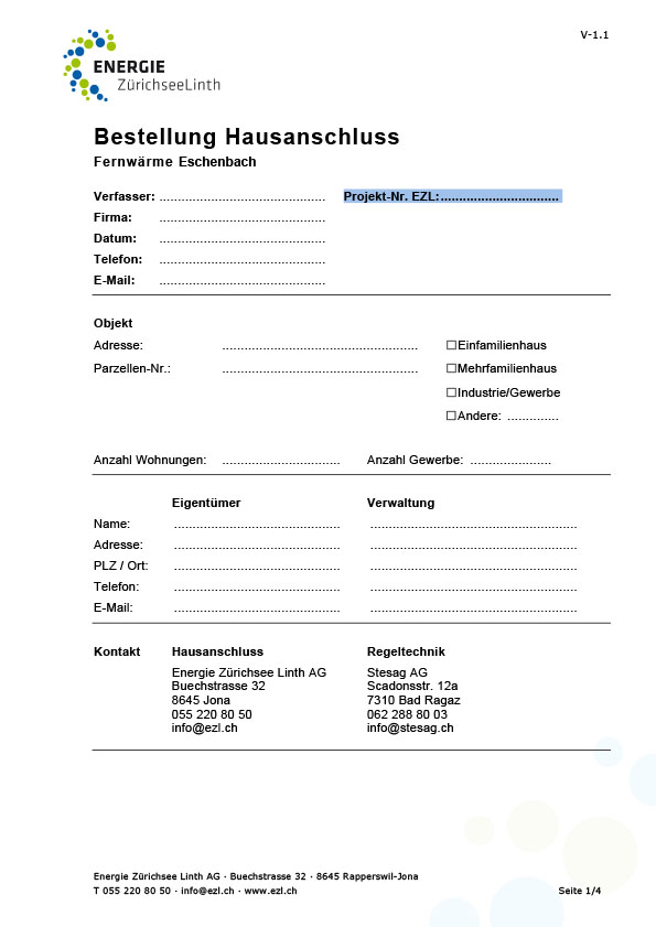 Bestellung Hausanschluss Unterstation Fernwärme Eschenbach